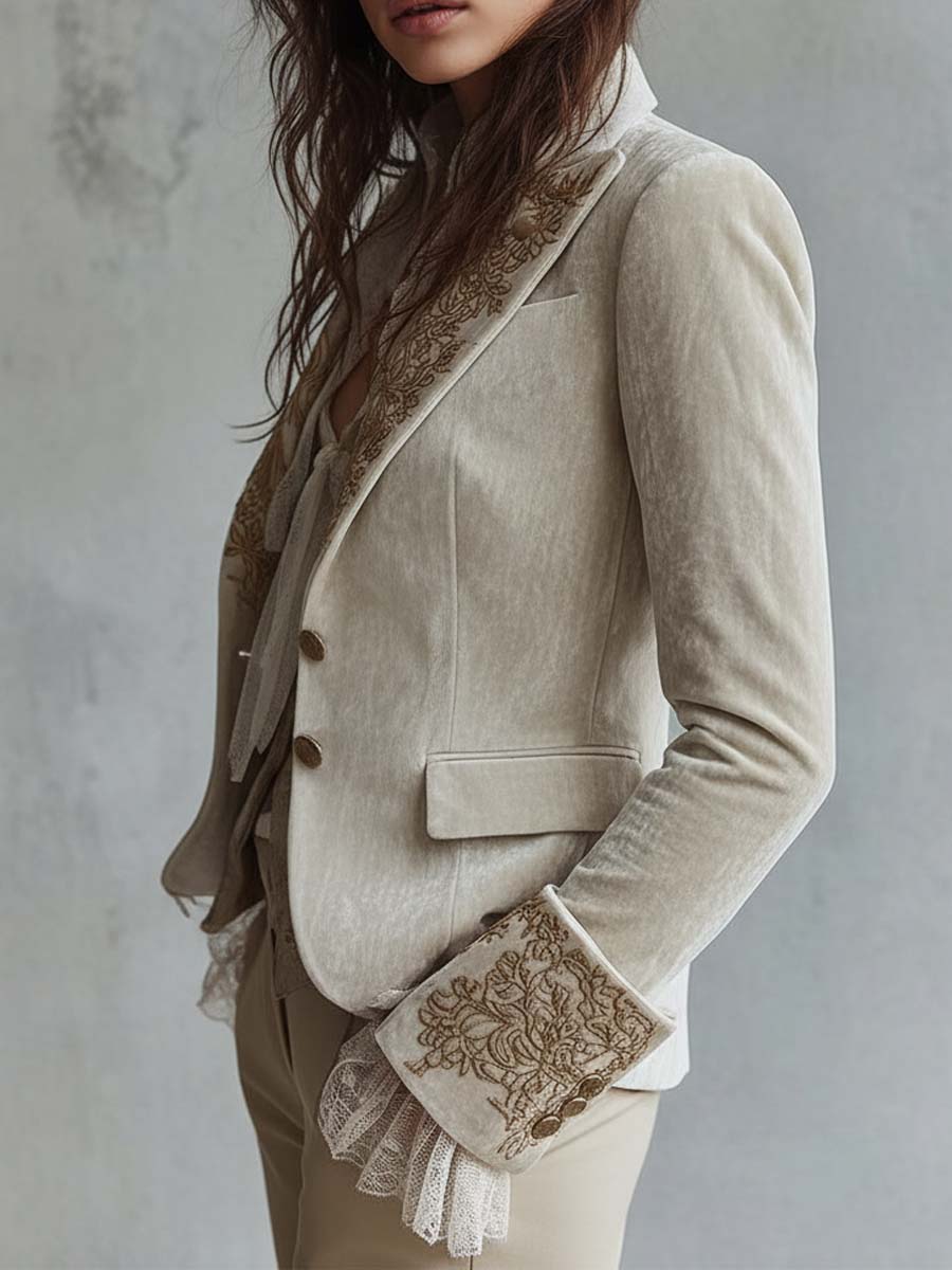 Velvet-Look Embroidered Lapel Lace Cuff Blazer