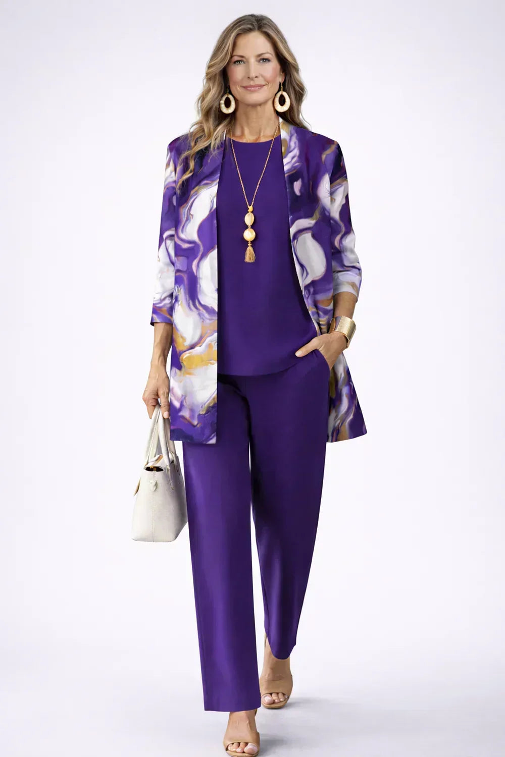 Marble Print Jacket Sleeveless Top and Straight Pants Three Piece Set