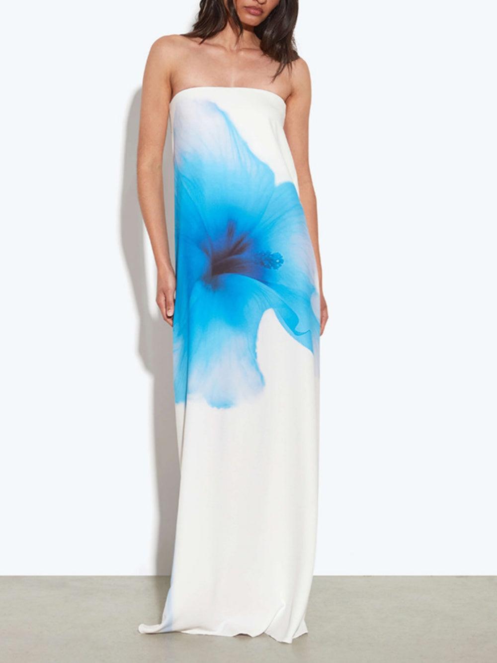 Printed tube top open back high waist dress Blue