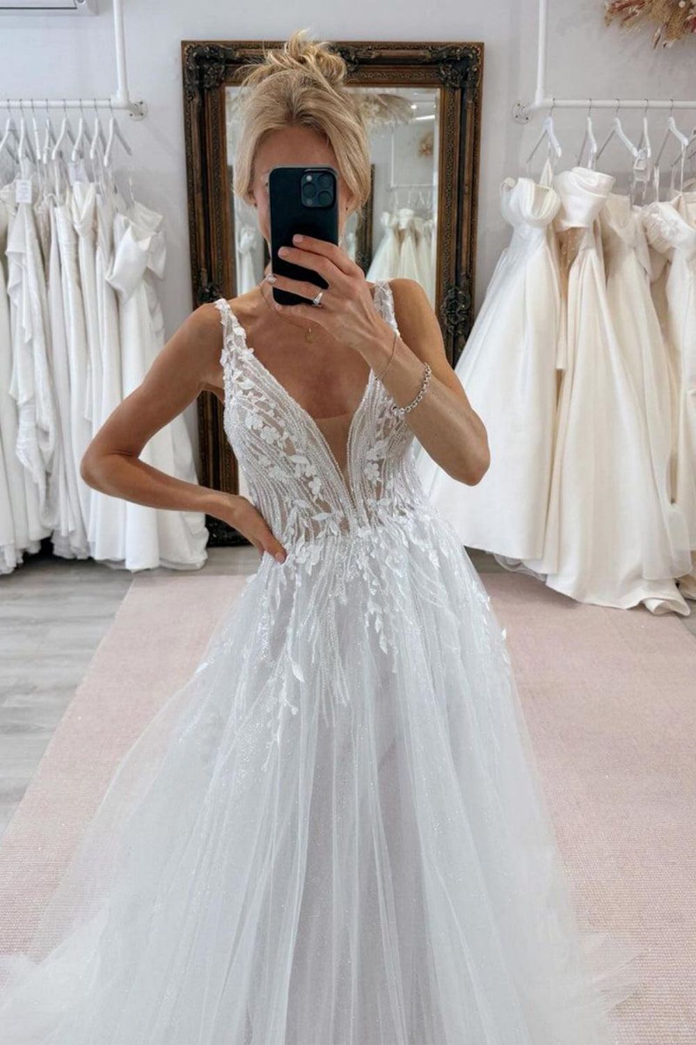 Luxurious A Line Deep V Neck White Wedding Dress with Appliques