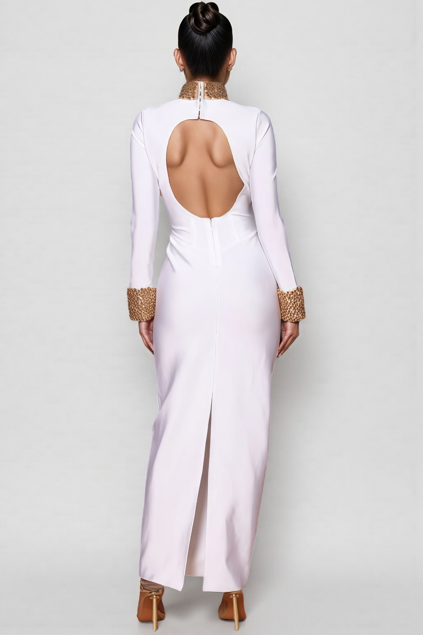 Rhinestone Beaded Mock Neck Long Sleeve Cuff Trim Bodycon Maxi Gown
