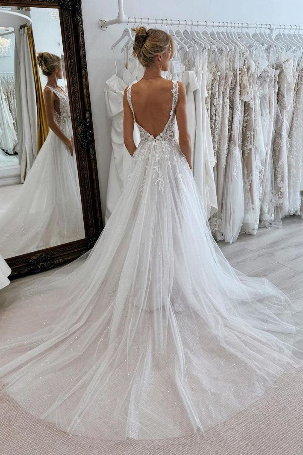 Luxurious A Line Deep V Neck White Wedding Dress with Appliques