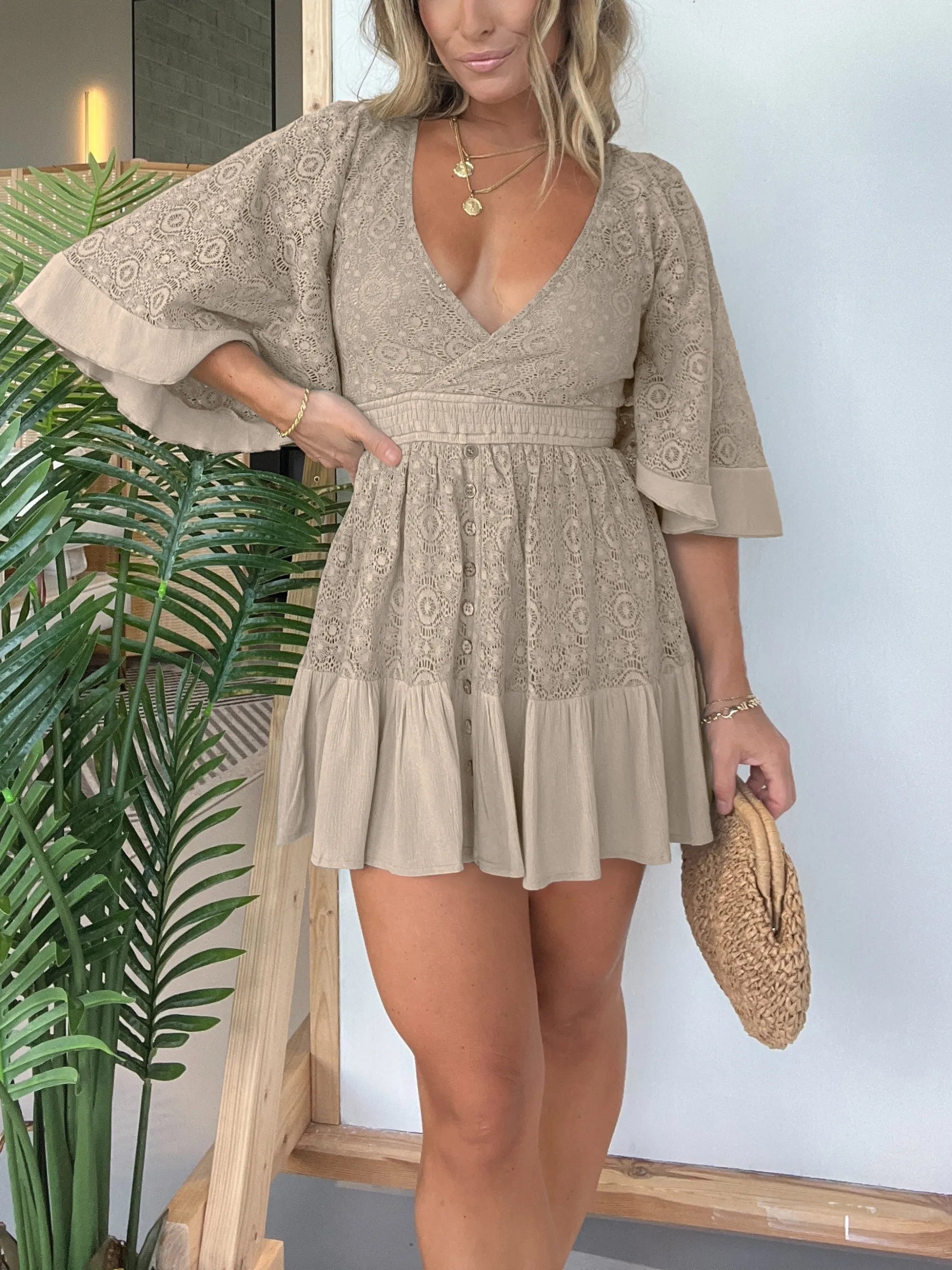 Lace Wrap V-Neck Smocked Waist Button Front Ruffle Bell Sleeve Mini Dress