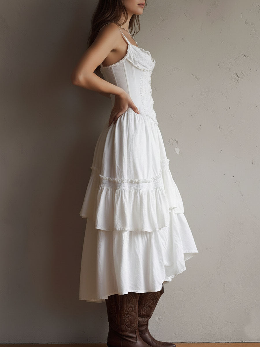 Corset Bodice Spaghetti Strap Ruffle Tiered High Low Midi Dress