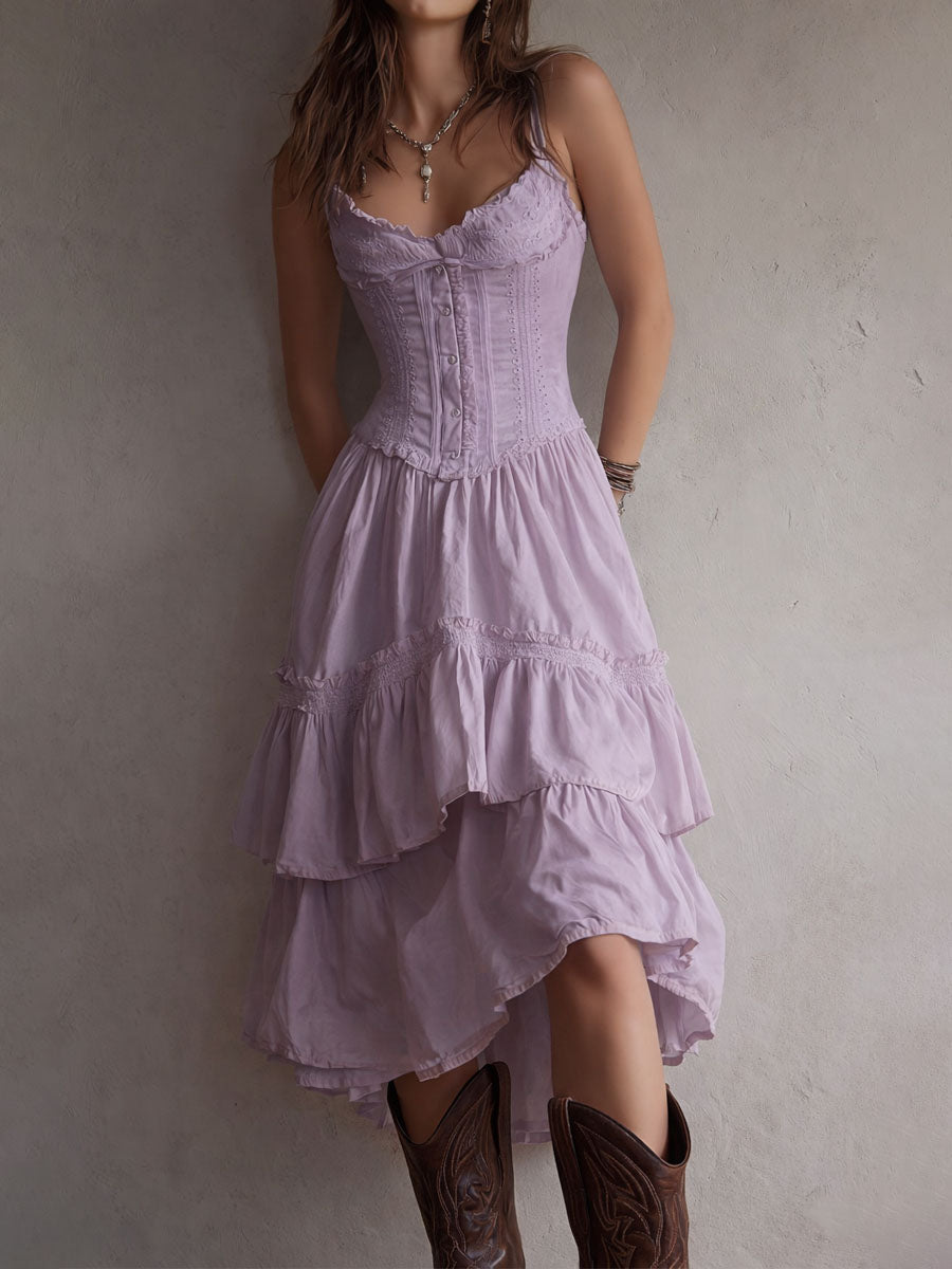 Corset Bodice Spaghetti Strap Ruffle Tiered High Low Midi Dress