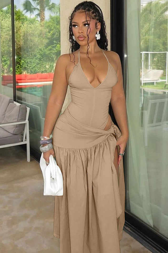 Halter Deep V-Neck Backless High Split Maxi Dress 30