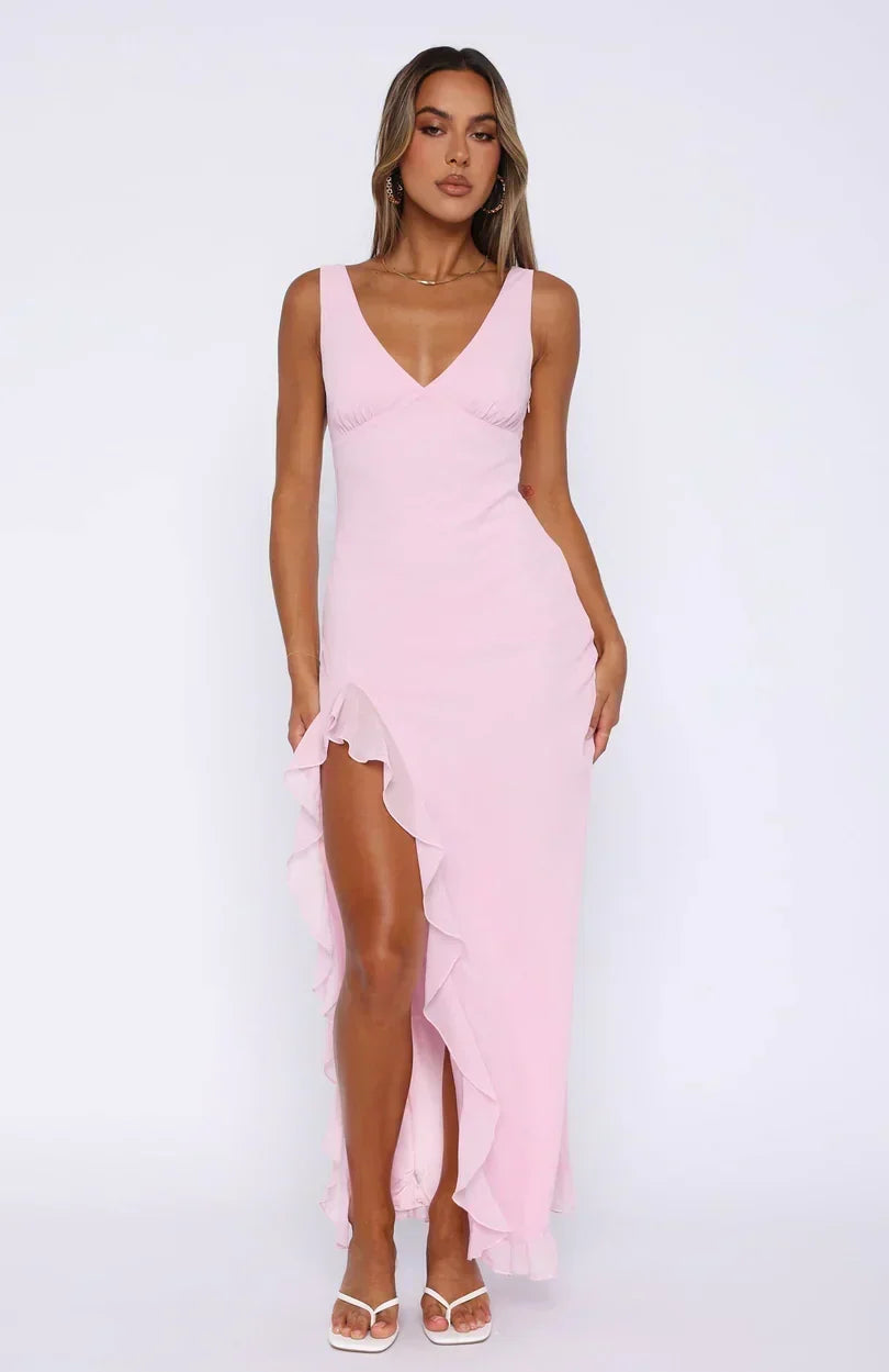 V-Neck Sleeveless Ruffle Trim High Split Maxi Dress 4