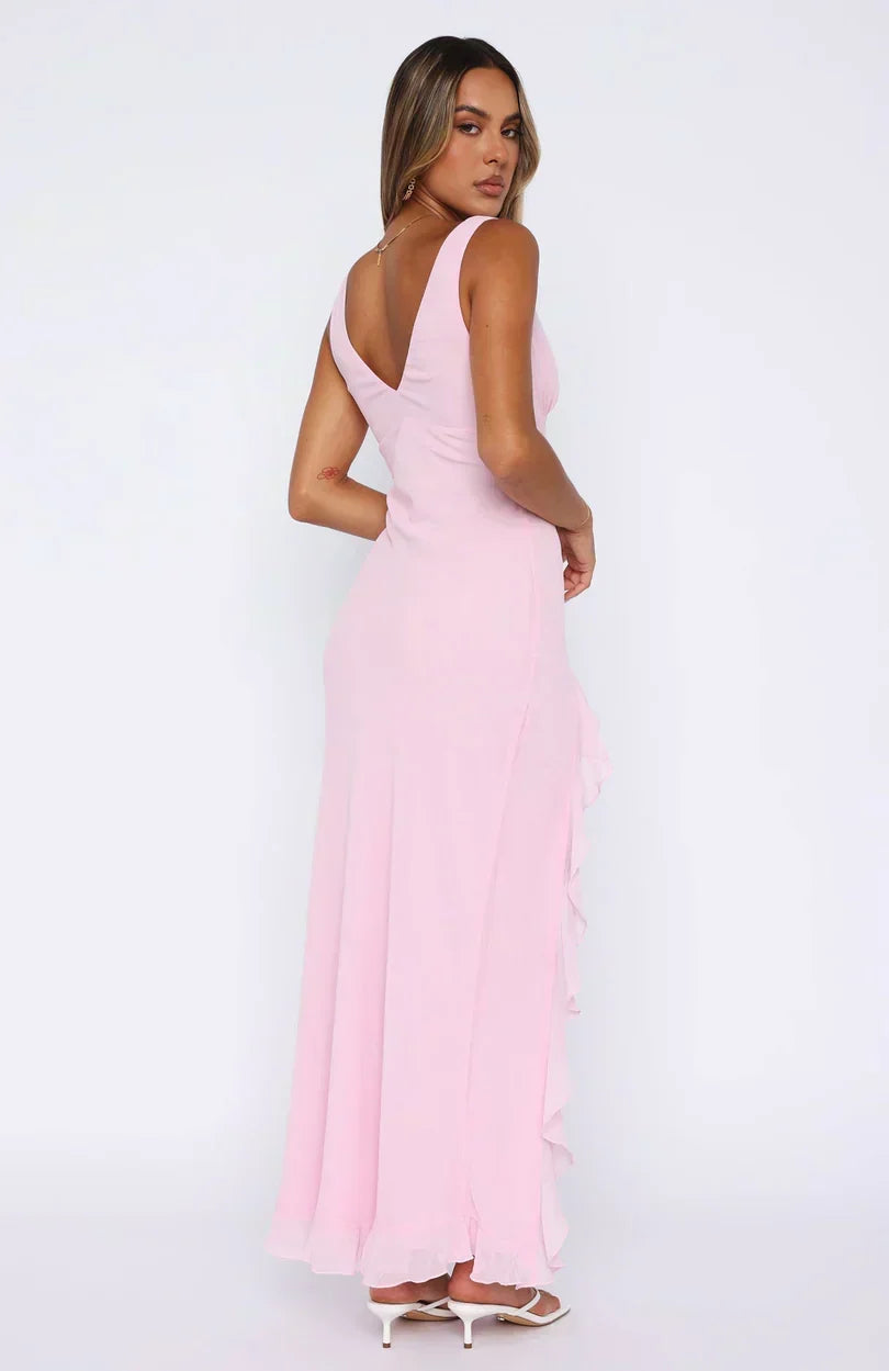 V-Neck Sleeveless Ruffle Trim High Split Maxi Dress 6