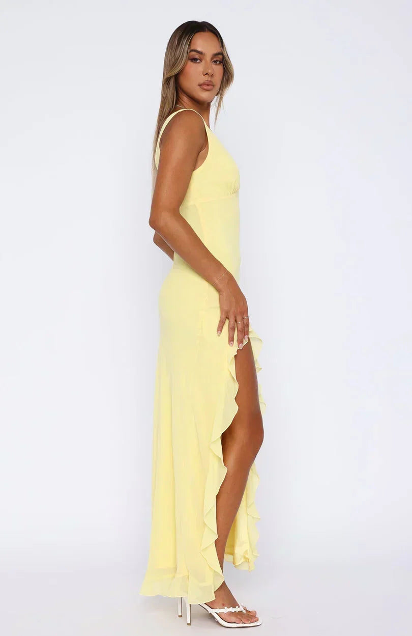 V-Neck Sleeveless Ruffle Trim High Split Maxi Dress 2
