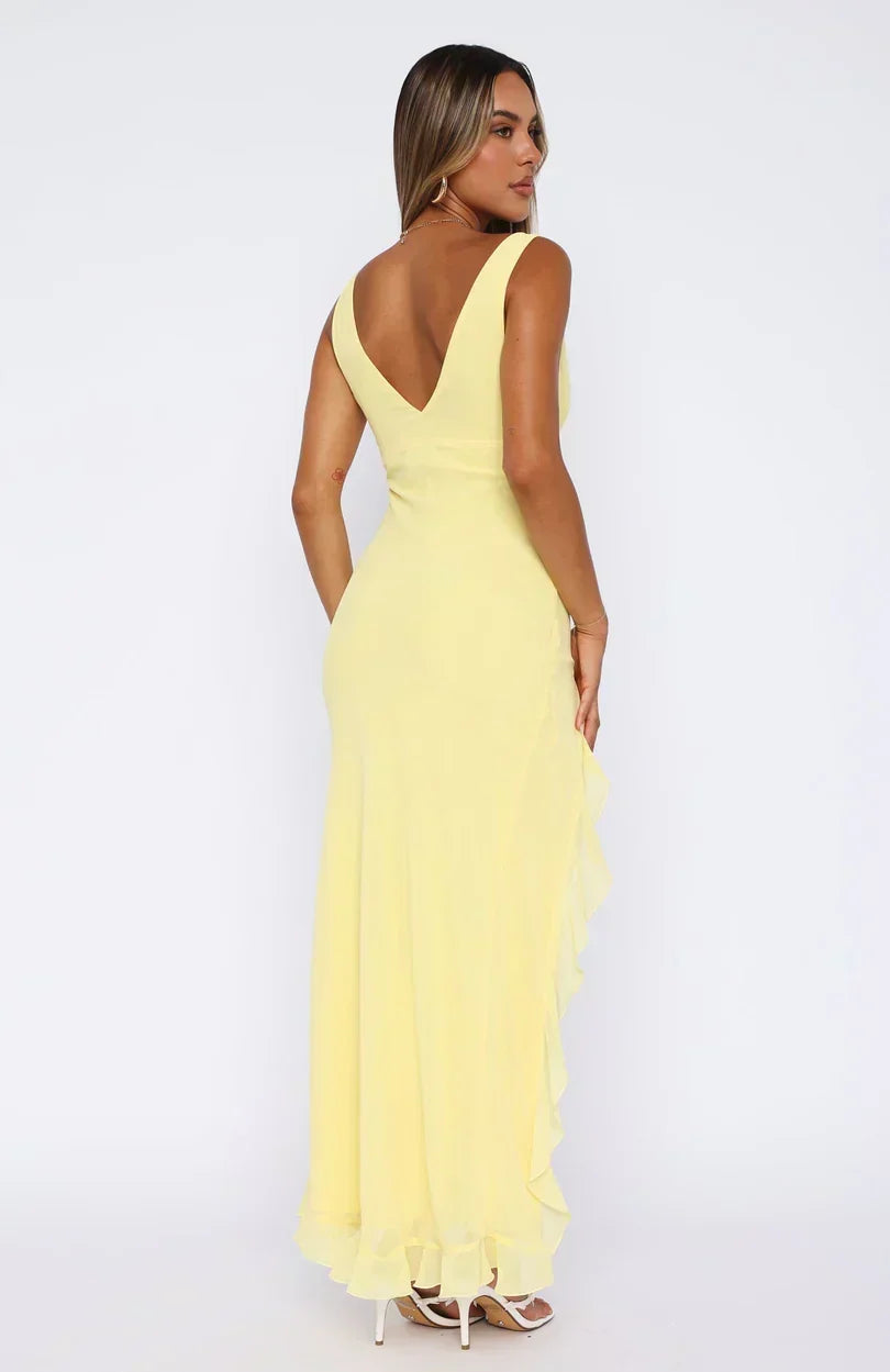 V-Neck Sleeveless Ruffle Trim High Split Maxi Dress 3