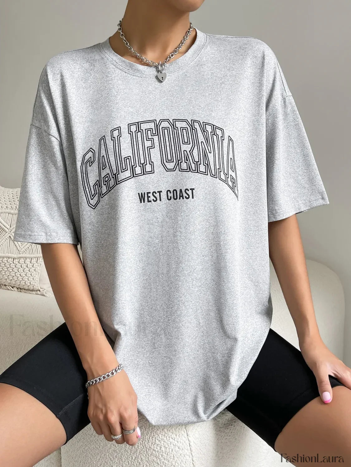 100% Cotton California USA Letter Print Oversized T-Shirt