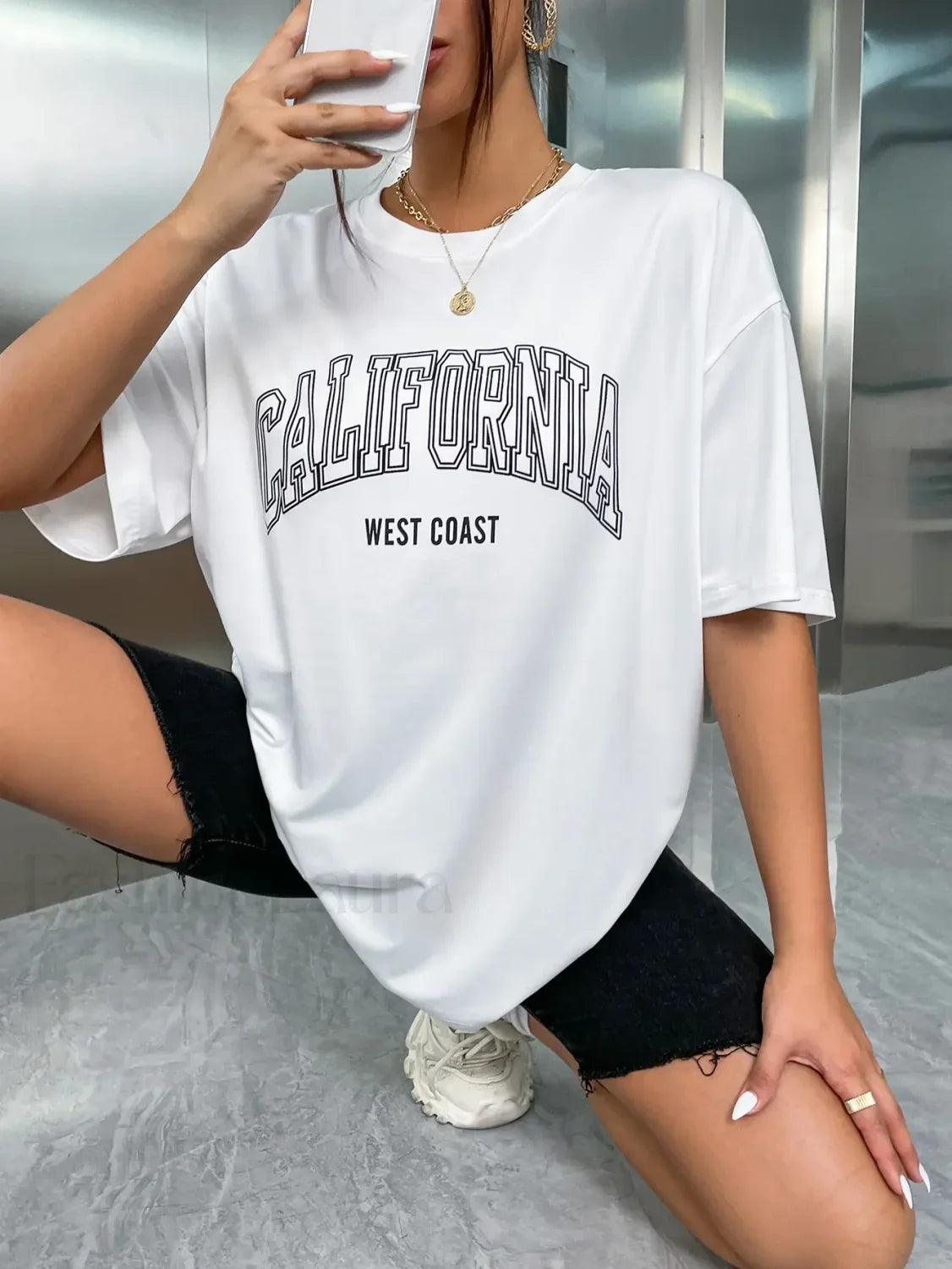 100% Cotton California USA Letter Print Oversized T-Shirt