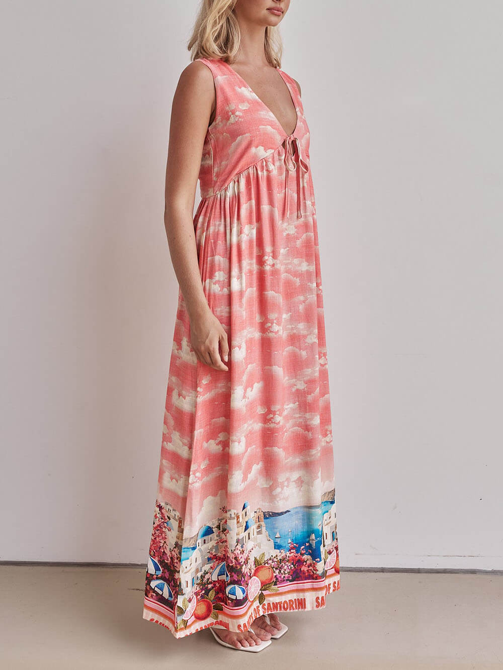 Scenic Border Print Deep V-Neck Tie Front Sleeveless Maxi Dress 2