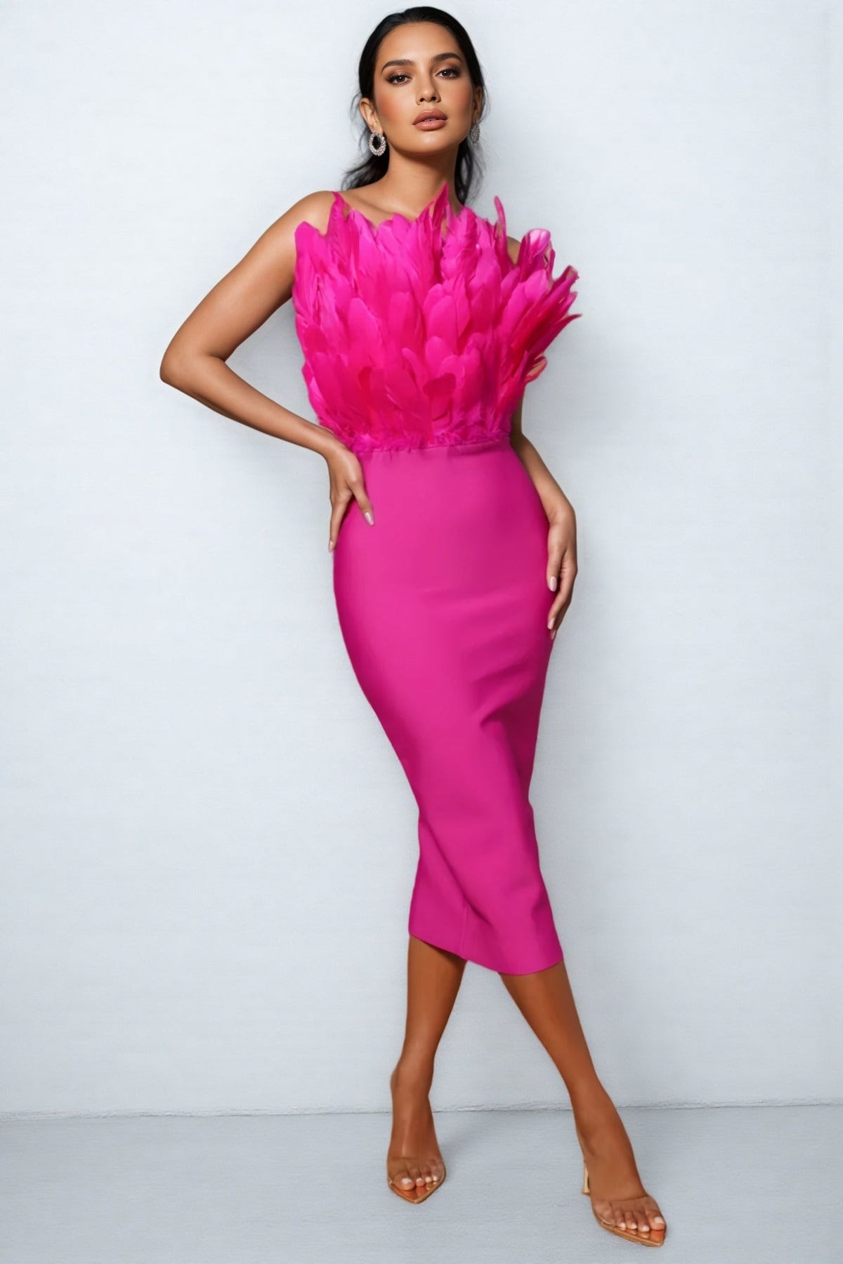 Strapless Feather Bodice Bandage Bodycon Midi Dress