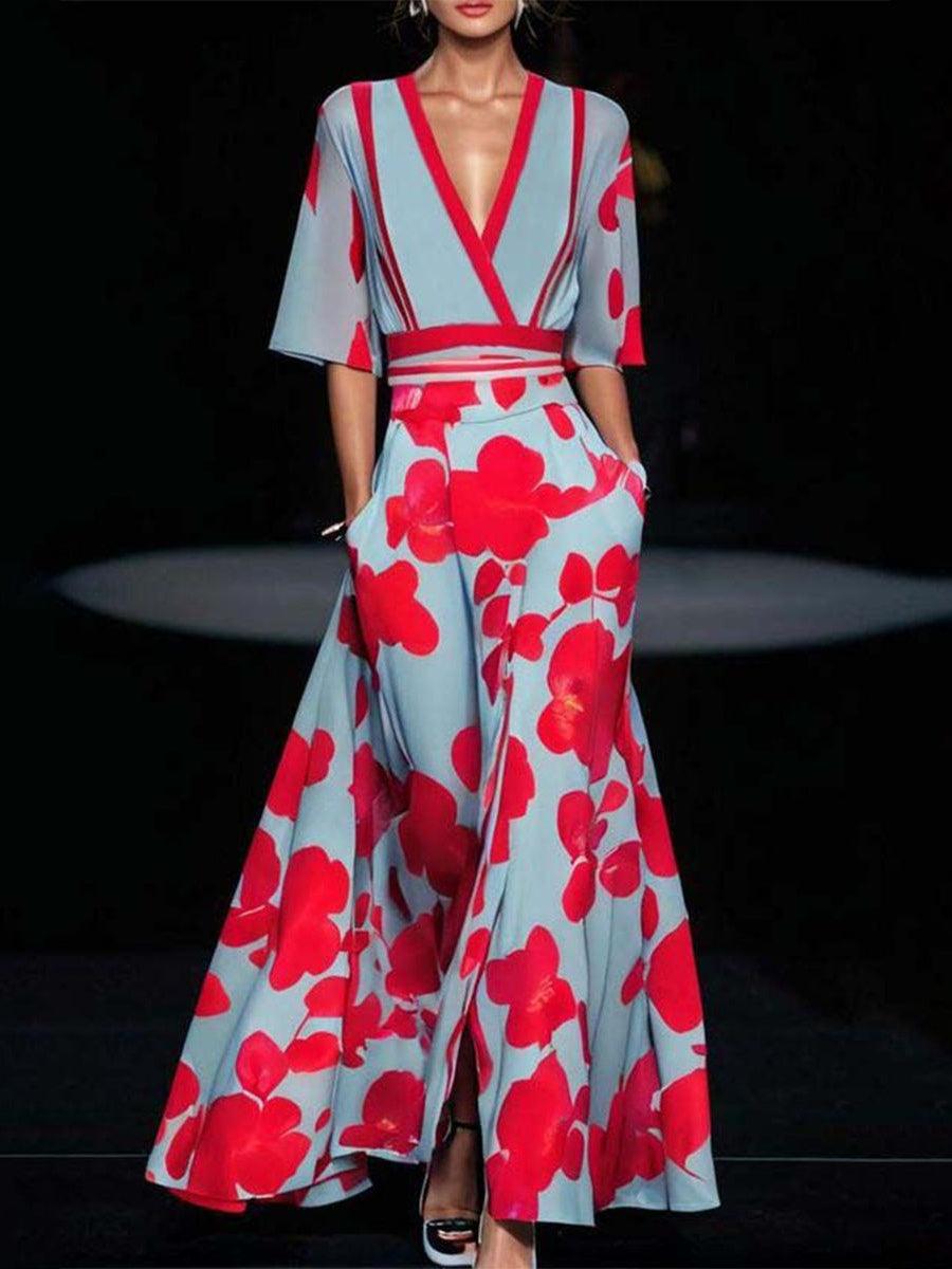 Elegant Mid Sleeve Maxi Dress Red