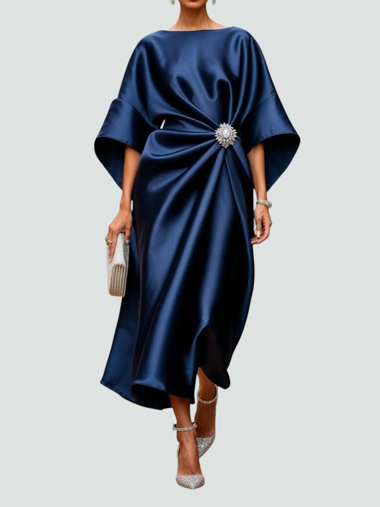 Boat Neck Batwing Ruched Satin Midi Dress