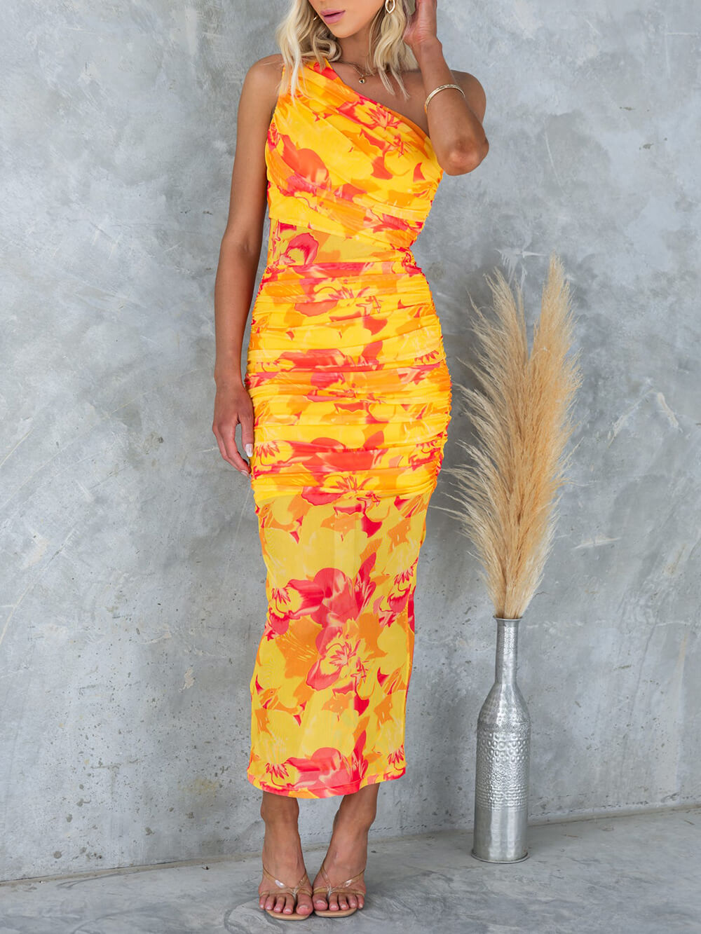 Floral Print One Shoulder Ruched Mesh Bodycon Maxi Dress 3