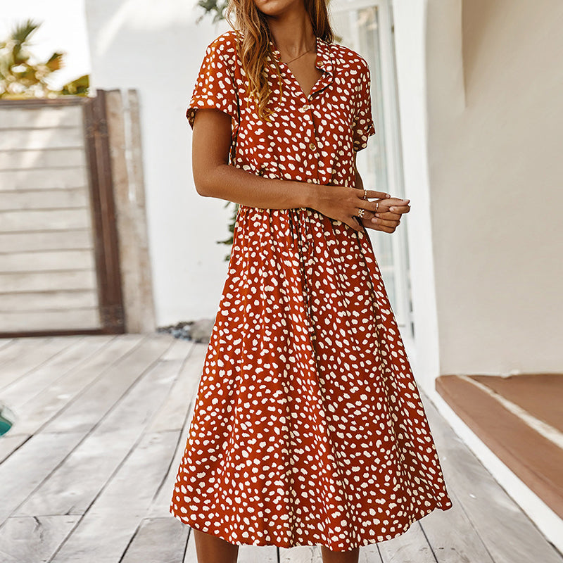 Leopard Print V-Neck Collared Button Down Drawstring Waist Midi Dress