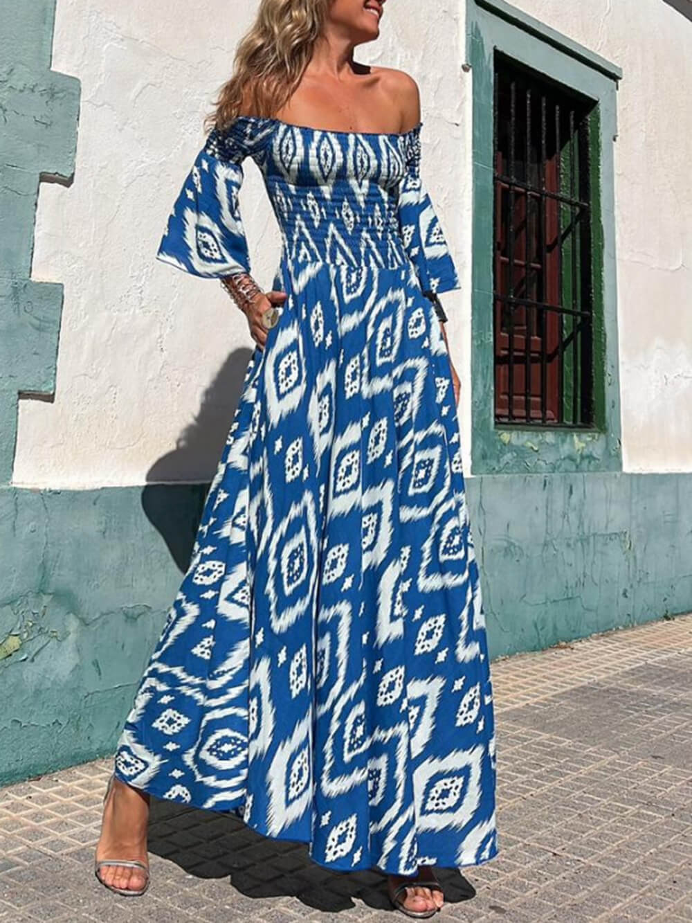 Ikat Print Off Shoulder Smocked Bodice Pocket Maxi Dress 3