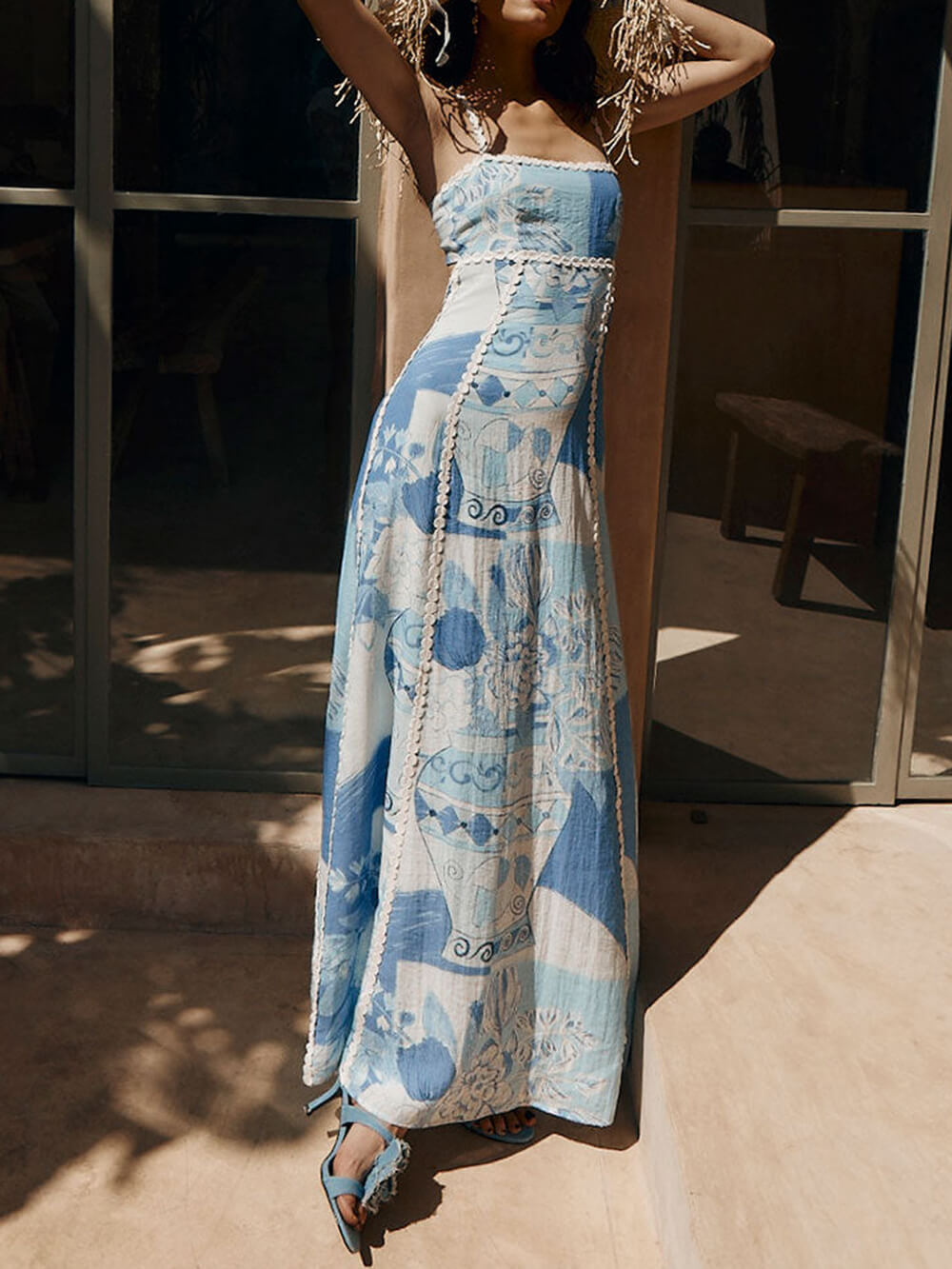 Vase Floral Print Square Neck Crochet Lace Trim Cami Maxi Dress 2
