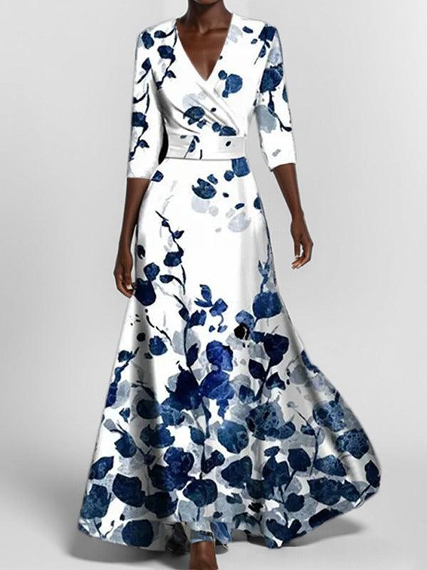 Elegant Mid Sleeve Maxi Dress Blue
