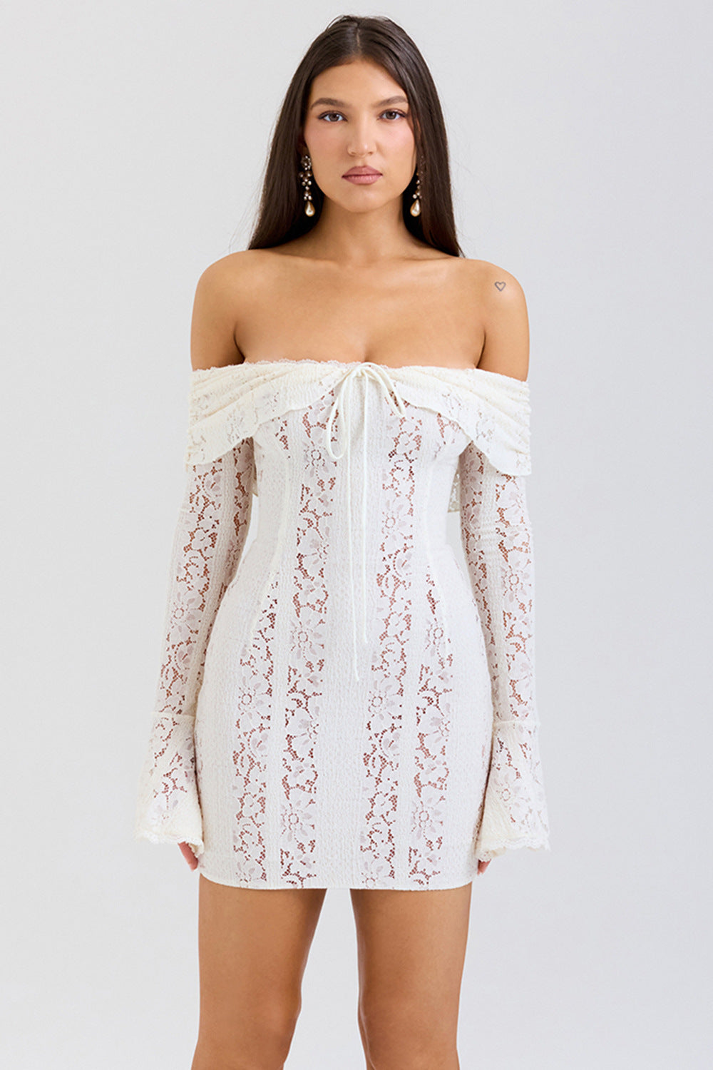 Lace Off Shoulder Flare Long Sleeve Tie Front Mermaid Maxi Dress 8