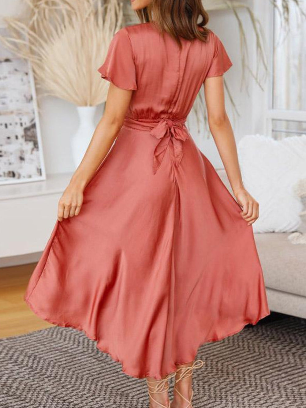 Satin Deep V-Neck Flutter Sleeve Twist Front Cut Out High Low Midi Dress 2