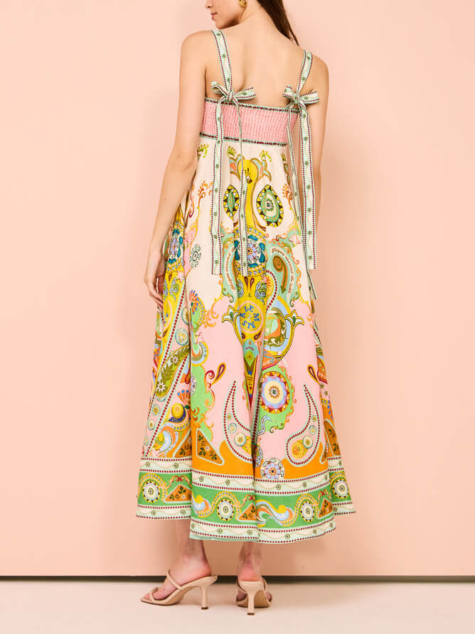 Paisley Border Print Square Neck Tie Strap Flared Midi Summer Dress 4