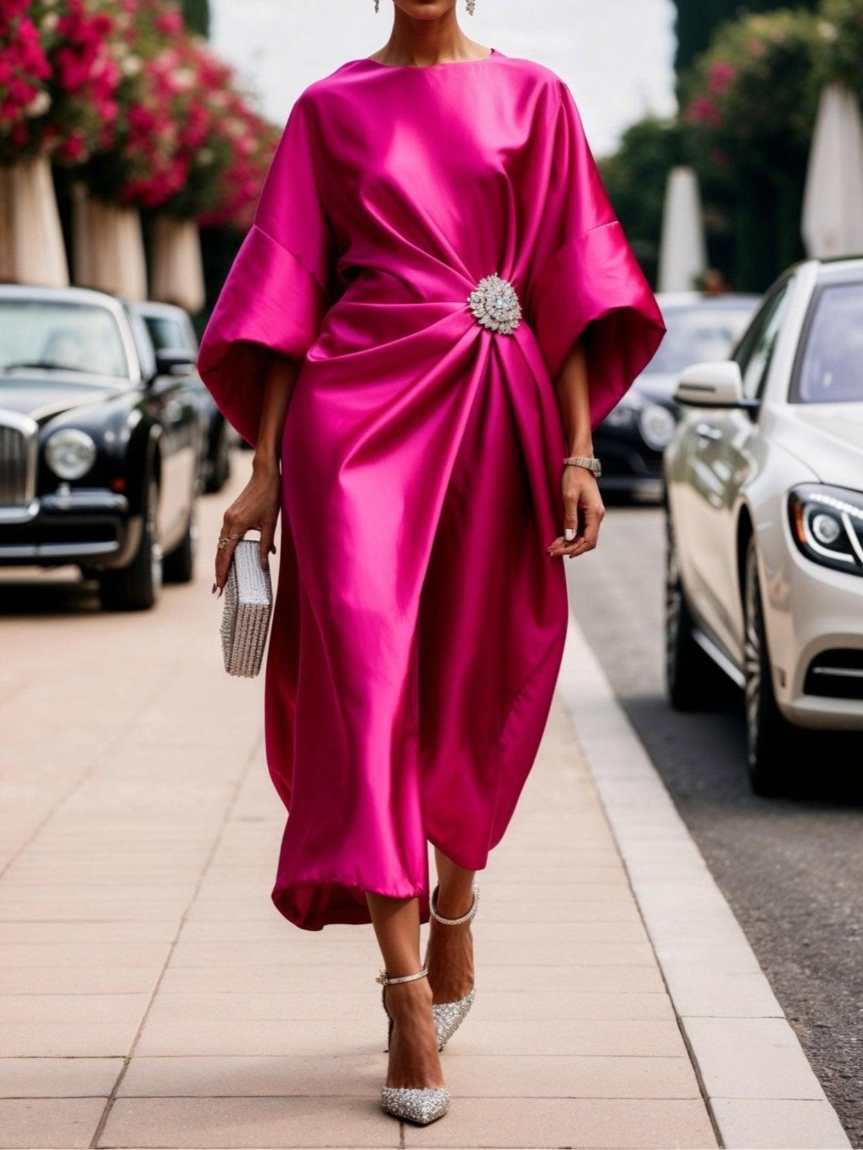 Luxe Shimmer Satin Long Dress Rose red