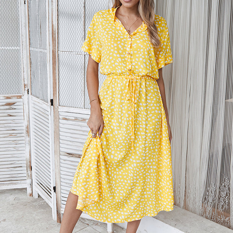 Leopard Print V-Neck Collared Button Down Drawstring Waist Midi Dress
