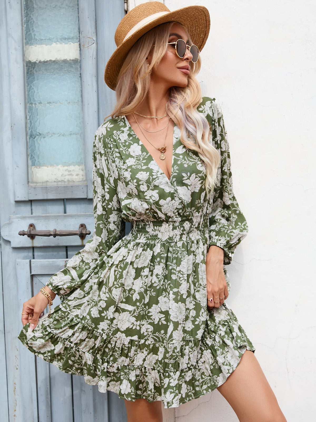 Floral V-Neck Long Sleeve Smocked Waist Ruffle Hem Mini Dress