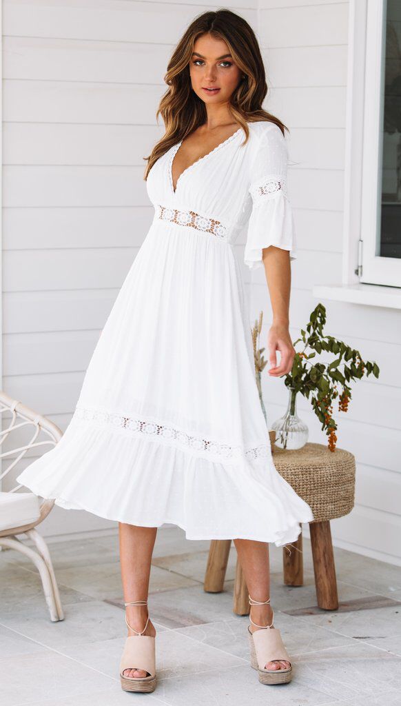 V-Neck Half Sleeve Crochet Lace Trim Ruffle Hem Midi Dress 3