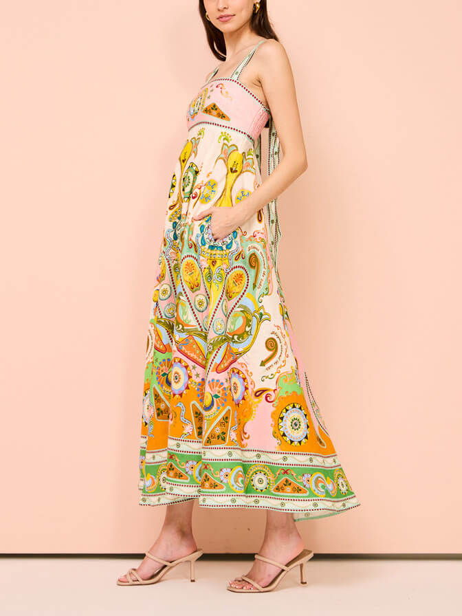 Paisley Border Print Square Neck Tie Strap Flared Midi Summer Dress 5