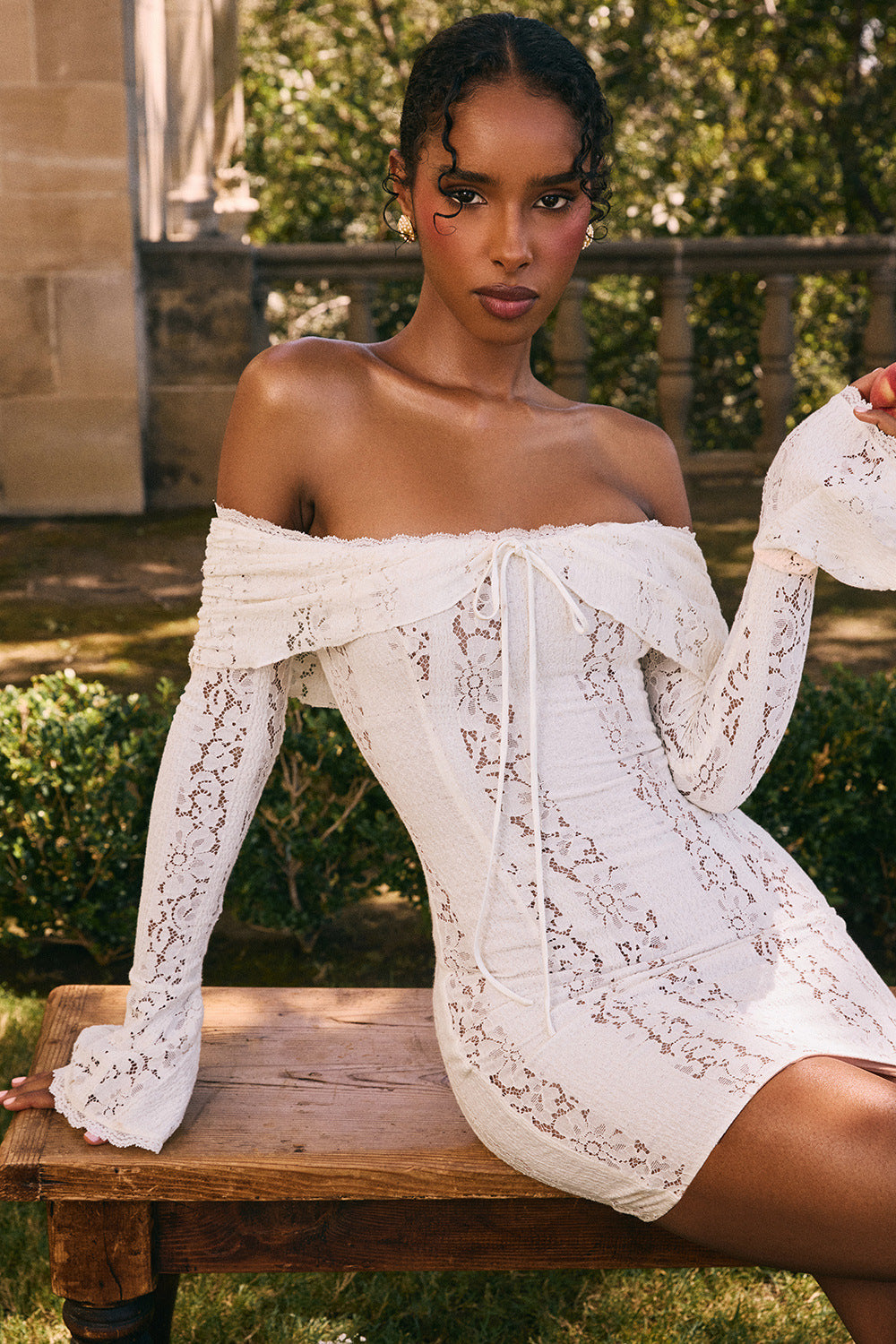 Lace Off Shoulder Flare Long Sleeve Tie Front Mermaid Maxi Dress 12
