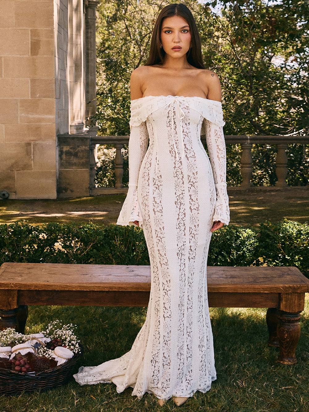 Lace Off Shoulder Flare Long Sleeve Tie Front Mermaid Maxi Dress 6