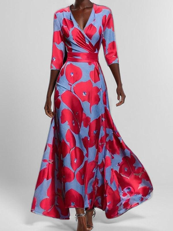 Elegant Mid Sleeve Maxi Dress Blue Red