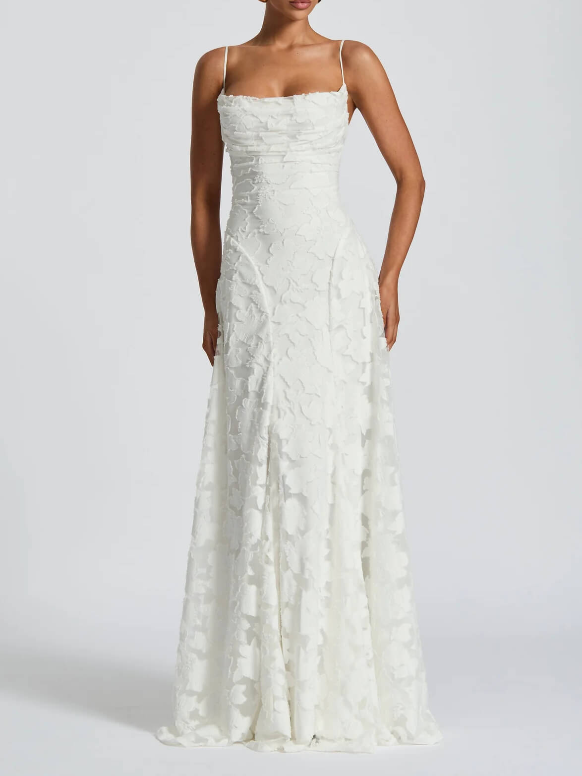 Floral Jacquard Spaghetti Strap Square Neck Ruffle Hem Maxi Dress