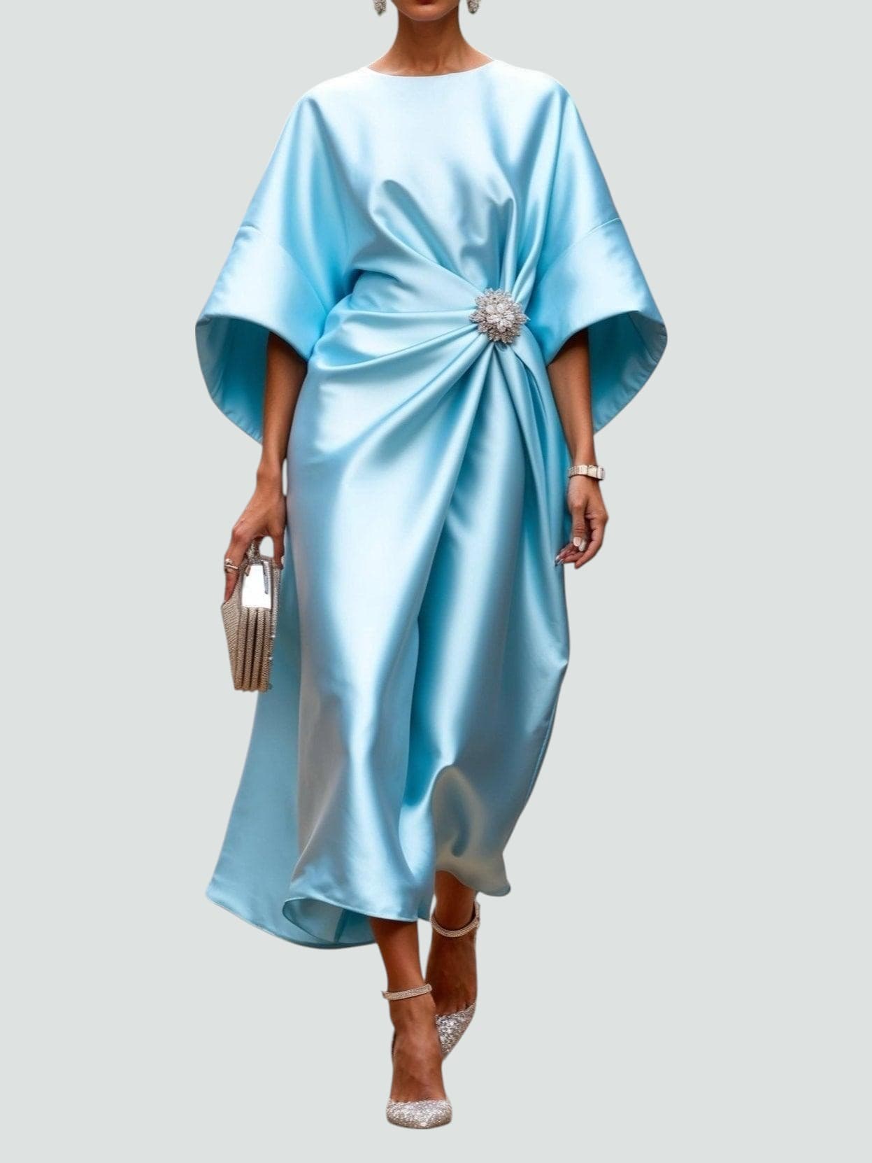 Boat Neck Batwing Ruched Satin Midi Dress 4