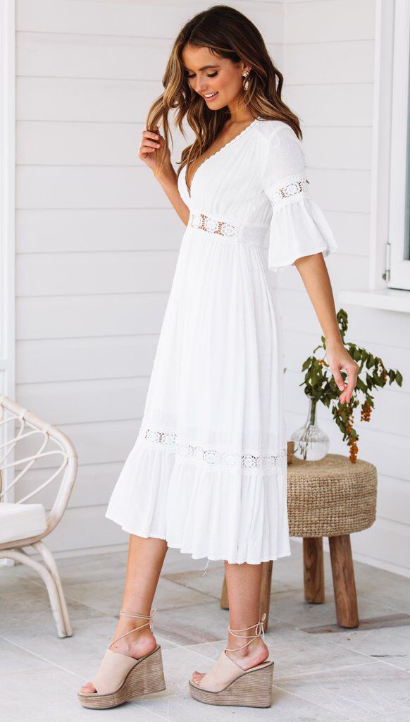 V-Neck Half Sleeve Crochet Lace Trim Ruffle Hem Midi Dress 4