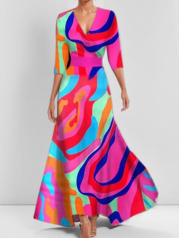 Elegant Mid Sleeve Maxi Dress Multicolor