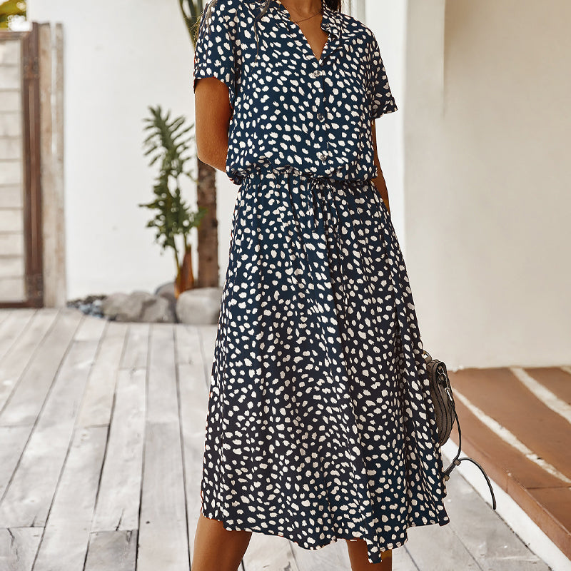 Leopard Print V-Neck Collared Button Down Drawstring Waist Midi Dress