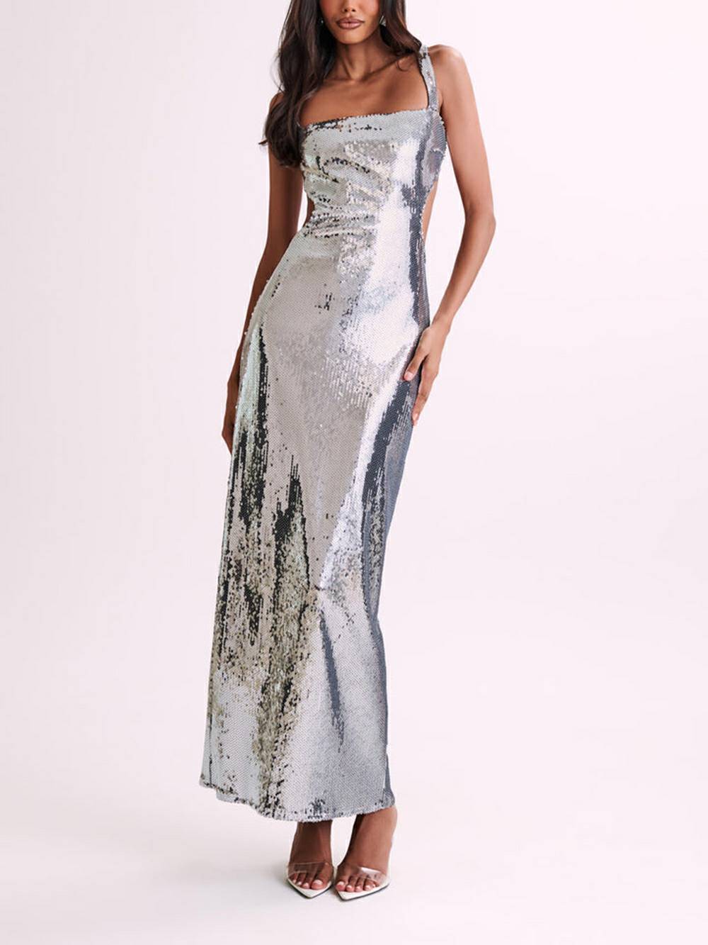Sequin Cut Out Maxi Dress Silver