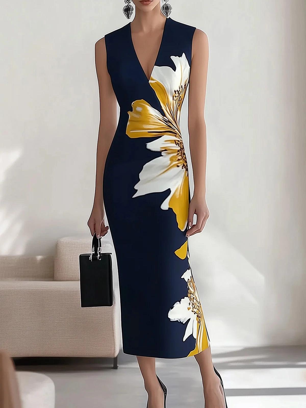 Elegant Printed Workplace Party Festival Midi Dress Blue