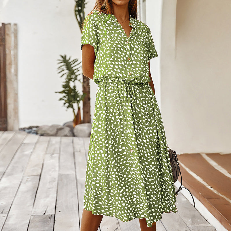 Leopard Print V-Neck Collared Button Down Drawstring Waist Midi Dress
