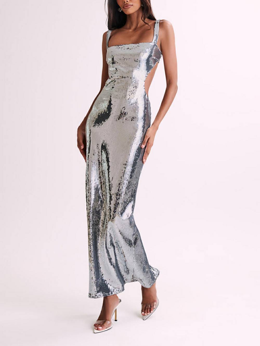 Sequin Cut Out Maxi Dress Silver