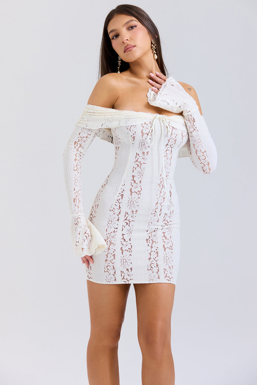 Lace Off Shoulder Flare Long Sleeve Tie Front Mermaid Maxi Dress 10