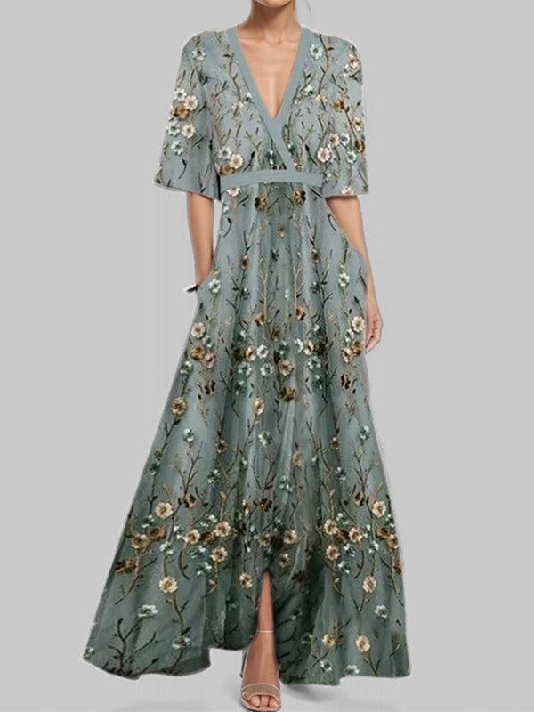 Elegant Mid Sleeve Maxi Dress Gray