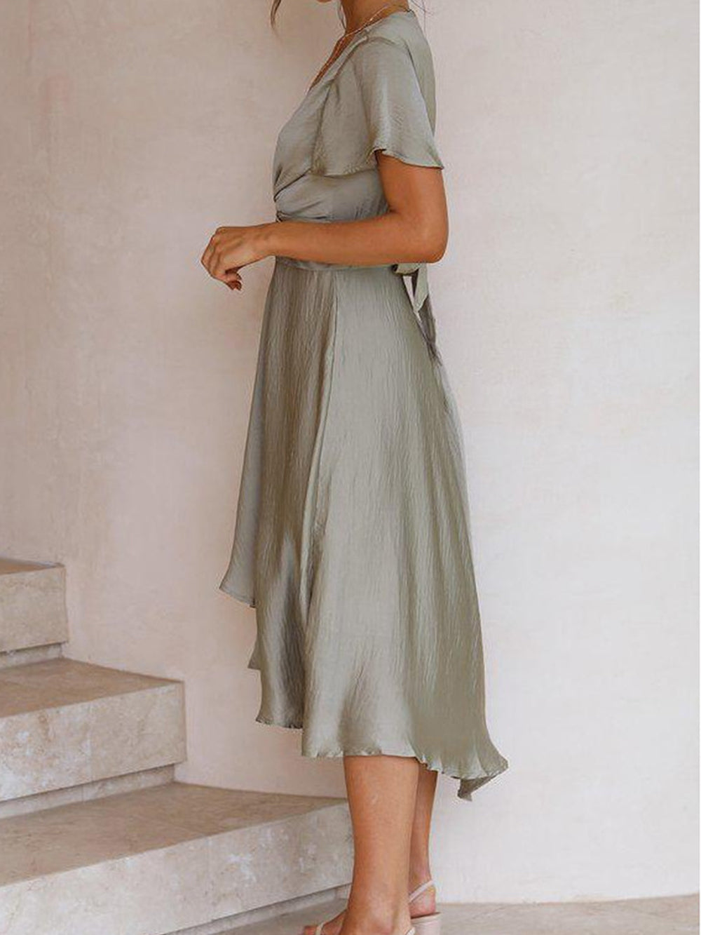 Satin Deep V-Neck Flutter Sleeve Twist Front Cut Out High Low Midi Dress 6