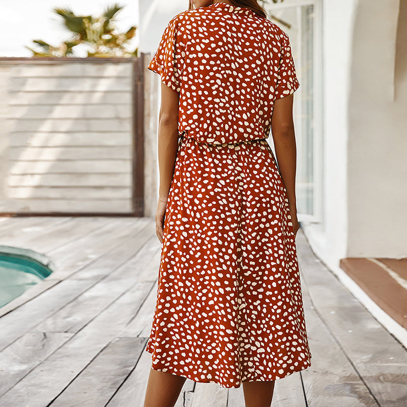Leopard Print V-Neck Collared Button Down Drawstring Waist Midi Dress