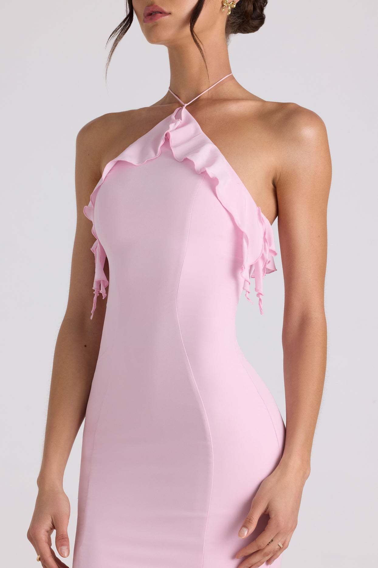 Halter Neck Ruffle Trim Fishtail Maxi Dress